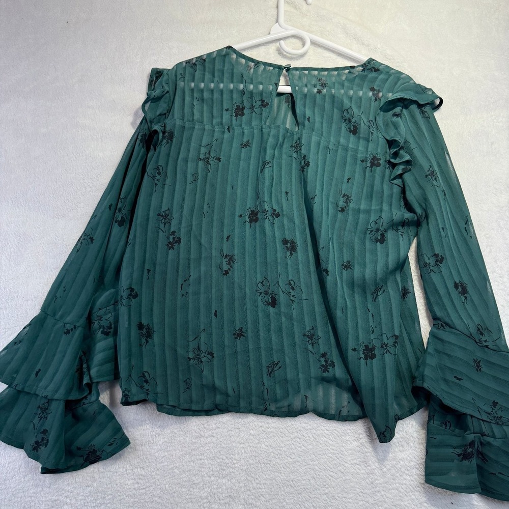 BP Sheer Blouse L Green Floral Ruffle Sleeve Romantic Cottagecore - Picture 4 of 4